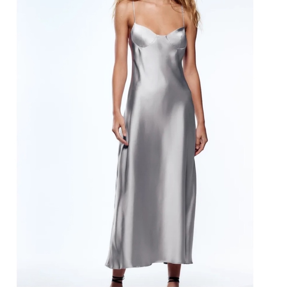 Zara Women's Satin Effect Cut Out Dress Silver Grey Size XS 2949/331